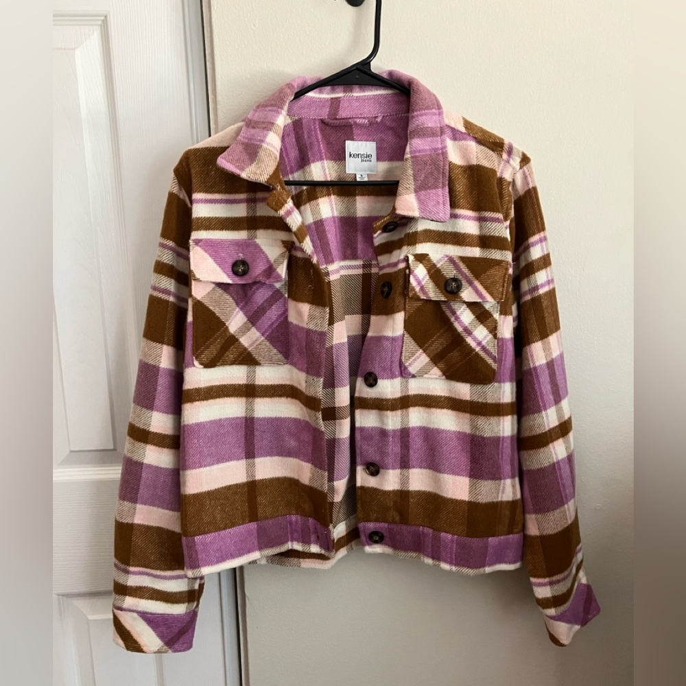 Kensie Jeans Large Pink and Brown Shacket - Cabincore Casual Cozy